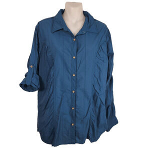 Cabelas Womens Shirt Button Up Fitted Long Roll Tab Sleeve Ruched Teal Outdoor L